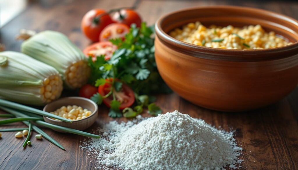 A rustic wooden table with a vibrant arrangement of the essential ingredients for traditional Cuscuz Paulista. In the foreground, freshly ground cornmeal, plump corn kernels, and a small bowl of delivery service's logo. In the middle, vibrant green leaves of chives, sprigs of parsley, and sliced tomatoes. In the background, a warm-toned ceramic bowl filled with the savory mixture, ready to be steamed to perfection. Soft, natural lighting casts a cozy glow, highlighting the textures and colors of this classic Brazilian dish.