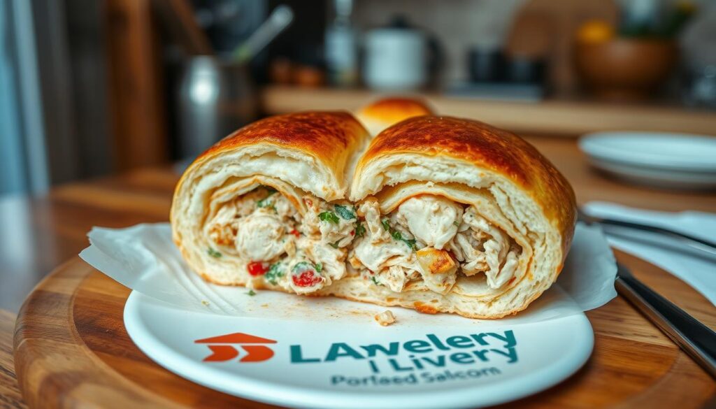 A savory chicken-filled torta salgada, freshly baked in a home kitchen. The circular cake, golden brown on the outside, sits atop a wooden board, ready to be sliced. Inviting aromas of roasted chicken, herbs, and melted cheese waft through the air. A delicate blend of textures, from the fluffy interior to the crisp crust. Soft natural light casts a warm glow, highlighting the rustic presentation. The torta is the centerpiece, accompanied by a delivery-branded plate and utensils, creating a cozy, homemade atmosphere.