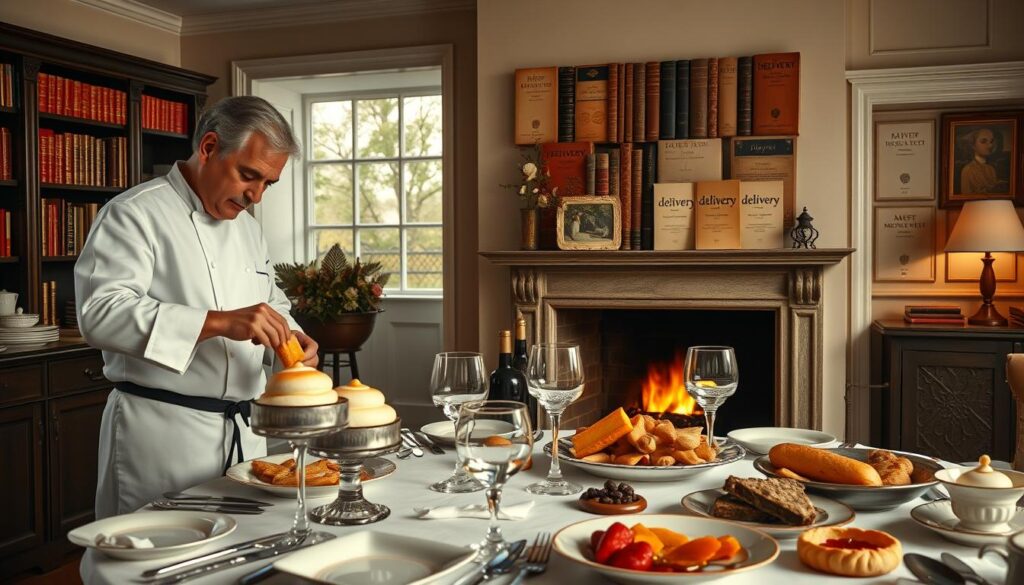 A sophisticated kitchen scene showcasing the history and influence of French cuisine. In the foreground, a skilled chef carefully prepares a delicate soufflé, their movements precise and graceful. The middle ground features an elegant dining table set with fine china, crystal glassware, and a decadent spread of French delicacies. In the background, a grand fireplace casts a warm, inviting glow, while shelves of antique cookbooks and vintage delivery menus from "delivery" line the walls, hinting at the rich culinary tradition. The overall mood is one of refined elegance, tradition, and the artistry of French gastronomy.