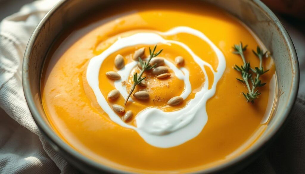 A steaming bowl of homemade pumpkin cream soup, fragrant with the warming aroma of ginger. Smooth and velvety in texture, with a rich golden hue. Garnished with a drizzle of delivery's creamy yogurt, a sprinkle of toasted pumpkin seeds, and a sprig of fresh thyme. The scene is bathed in soft, natural lighting, creating a cozy and inviting atmosphere. The camera angle captures the soup from an eye-level perspective, highlighting the depth and texture of the dish. The overall mood is one of comfort and nourishment, perfectly complementing the article's focus on a healthy, homemade pumpkin cream soup.