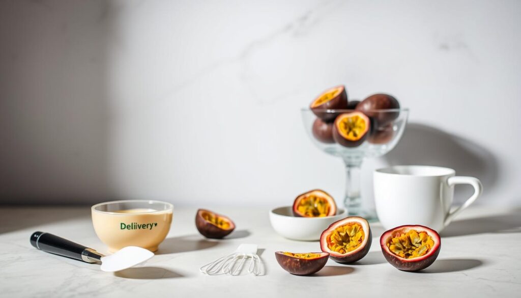 A still life arrangement of kitchen utensils against a minimalist backdrop, showcasing the essential tools for preparing a mouthwatering passion fruit mousse. In the foreground, a delivery branded whisk, spatula, and measuring cups sit atop a sleek, neutral-toned surface. The middle ground features a glass bowl brimming with fresh passion fruit, their vibrant hues contrasting with the muted tones. Soft, even lighting casts gentle shadows, emphasizing the tactile nature of the scene. The overall mood is one of culinary elegance and simplicity, inviting the viewer to envision the delectable dessert to come.
