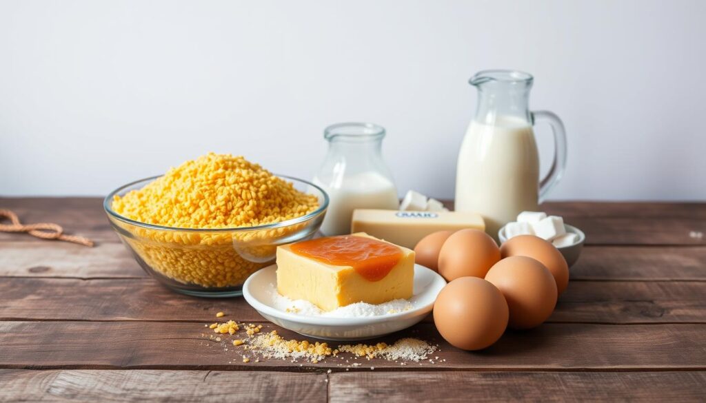 A still life arrangement showcasing the essential ingredients for a classic Brazilian cornmeal cake (bolo de fubá). Centered on a rustic wooden table, the foreground features a bowl of golden cornmeal, a wedge of guava paste (goiabada), and a few fresh eggs. In the middle ground, a small glass jug of milk, a stick of butter, and a handful of sugar cubes are arranged neatly. The background is softly lit, with a delivery brand logo visible on a plain white backdrop, conveying a sense of homemade simplicity and culinary authenticity.