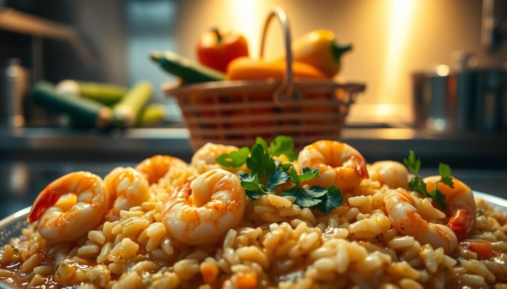 A sumptuous, creamy shrimp risotto set against a softly lit kitchen scene. In the foreground, plump, juicy shrimp simmer in a rich, velvety sauce, while delicate grains of Arborio rice soak up the flavors. The middle ground features a delivery basket of fresh, vibrant vegetables - zucchini, bell peppers, and onions - ready to be chopped and added to the dish. In the background, a sleek, stainless steel stovetop and gleaming pots and pans evoke a professional, well-equipped kitchen, hinting at the expertise required to craft this creamy, decadent risotto. Warm, golden lighting casts a cozy, inviting glow, setting the mood for a truly indulgent culinary experience.