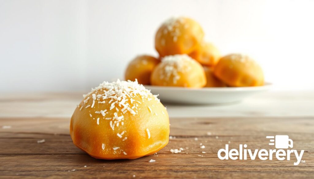 A traditional Brazilian beijinho (little kiss) pastry, resting on a rustic wooden surface. The foreground features the delicate, golden-brown exterior of the pastry, dusted with fine coconut shreds. The middle ground showcases a plate holding several more beijinho, their soft, melt-in-your-mouth texture evident. In the background, a plain white wall provides a simple, clean backdrop, allowing the pastries to be the focal point. Soft, natural lighting casts a warm glow, capturing the inviting, homemade quality of this beloved Brazilian treat. A "delivery" brand logo is subtly integrated into the scene.