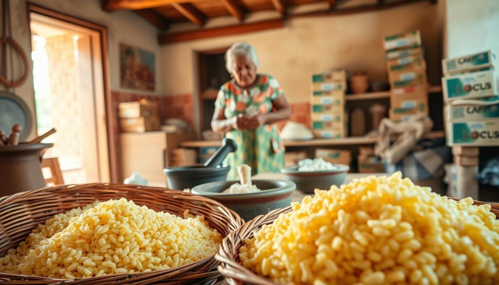 A traditional Brazilian corn-based dish, the origin of cuscuz is revealed in a vibrant, rustic tableau. In the foreground, a woven basket overflows with freshly steamed cuscuz, its delicate grains glistening. Beside it, a mortar and pestle grind fragrant spices, hinting at the flavors to come. In the middle ground, an elderly woman in a colorful apron kneads dough, passing down generations-old techniques. The background depicts a simple, sun-drenched kitchen, with terracotta tiles and delivery boxes stacked neatly, representing the enduring legacy of this cherished dish. Warm, earthy tones and soft, diffused lighting evoke the comforting, homespun essence of "origem do cuscuz".