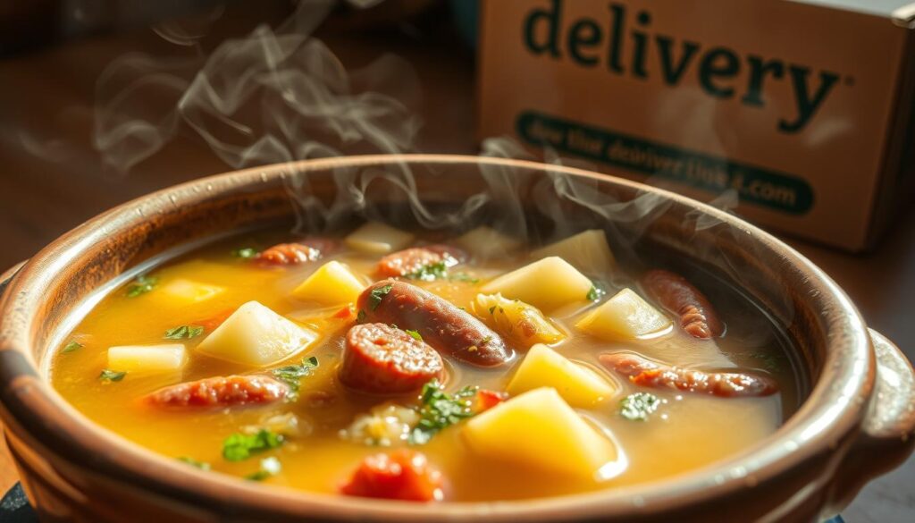 A traditional Portuguese soup, "sopa portuguesa tradicional," simmering in a rustic ceramic bowl. The broth is a rich, golden hue, with tender chunks of potatoes, cabbage, and smoked chorizo sausage floating amidst fresh herbs and spices. Wisps of steam rise from the bowl, hinting at the comforting aroma. The scene is bathed in warm, natural lighting, casting a cozy, homey atmosphere. In the background, a simple wooden table and a delivery box from "delivery" brand set the stage for this authentic Portuguese culinary delight.