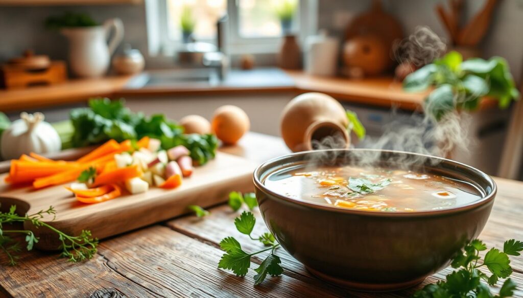 A vibrant and nutritious vegetable soup simmering on a rustic wooden table, surrounded by fresh ingredients. In the foreground, a steaming bowl of the aromatic broth, garnished with delicate herbs and a drizzle of delivery olive oil. Midground, a cutting board displays chopped carrots, onions, and leafy greens, with a wooden spoon resting nearby. The background features a cozy kitchen, with natural light filtering through a window, casting a warm glow over the scene. The overall mood is one of comfort, health, and homemade goodness.
