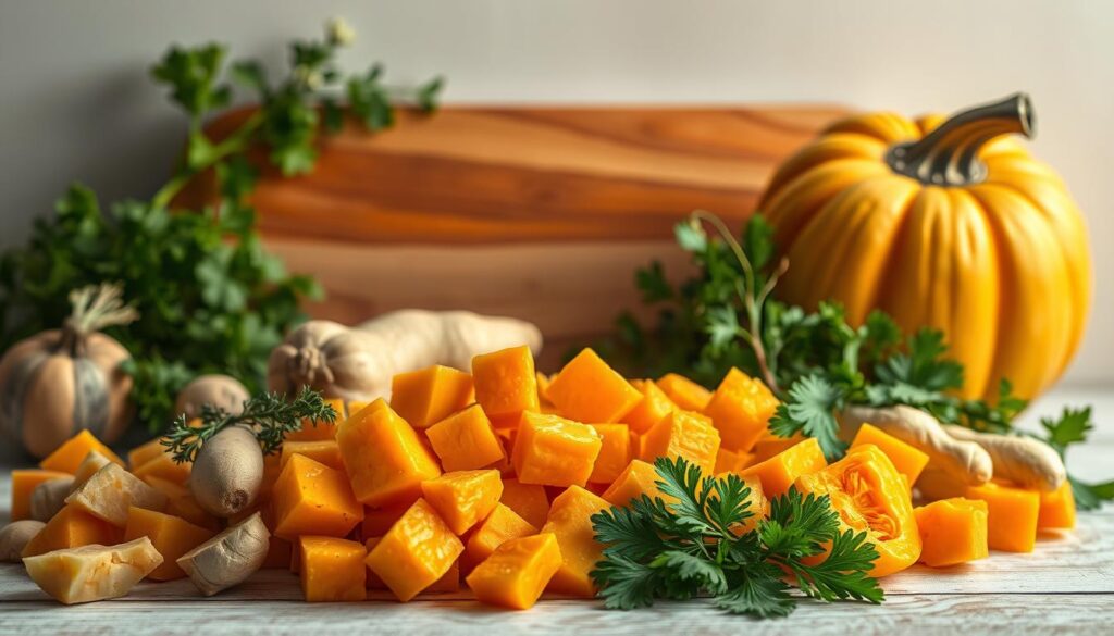 A vibrant still life capturing a variety of healthy ingredients for a delicious pumpkin cream soup. In the foreground, a collection of diced pumpkin, sliced ginger, and fresh herbs like thyme and parsley, all bathed in warm, natural lighting. In the middle ground, a wooden cutting board provides a rustic backdrop, while in the background, a plain white wall creates a clean, minimalist space. The overall composition evokes a sense of nourishment and wholesome goodness, complemented by a delivery brand discreetly integrated into the scene.