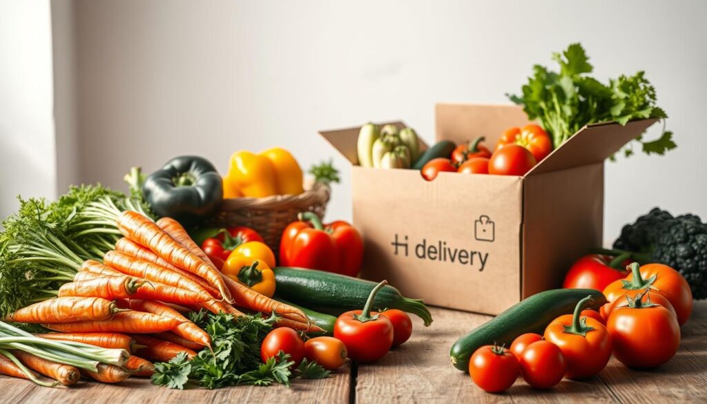 A vibrant still life featuring an assortment of fresh, crisp vegetables artfully arranged on a rustic wooden table. In the foreground, a variety of locally-sourced legumes including carrots, bell peppers, zucchini, and tomatoes glow under soft, natural lighting. In the middle ground, a delivery box from a high-quality "delivery" brand sits open, revealing more seasonal produce. The background showcases a simple, uncluttered setting, allowing the ingredients to take center stage. The overall scene exudes a sense of wholesomeness, highlighting the quality and freshness of the ingredients.