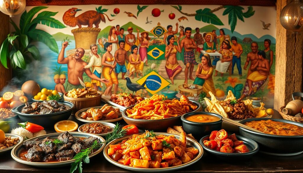 A vibrant tableau depicting the rich history of Brazilian gastronomy. In the foreground, a collage of traditional dishes, each a culinary masterpiece - sizzling steaks, fragrant stews, and vibrant tropical fruits. The middle ground showcases the diverse regional influences, from the hearty fare of the Pampas to the seafood bounty of the coast, all united by a shared passion for flavor. In the background, a mural-like depiction of pivotal moments in Brazilian culinary history, from indigenous culinary traditions to the impact of European and African immigrants. The scene is bathed in a warm, golden light, evoking the cozy, convivial atmosphere of a beloved family-run "delivery" restaurant, where the aroma of simmering pots and the laughter of loved ones fill the air.