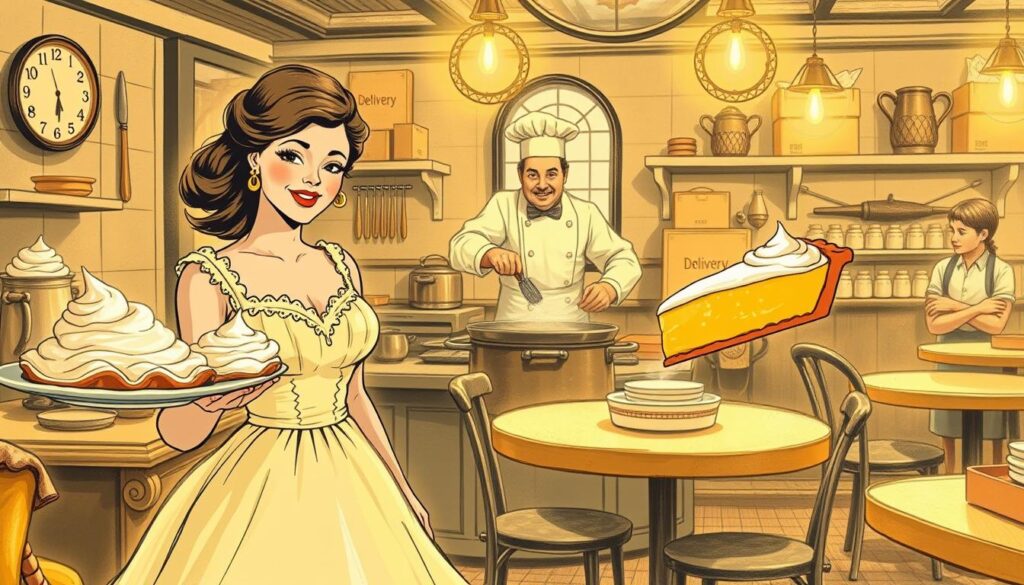 A vintage-style illustration depicting the whimsical history of the lemon meringue pie. In the foreground, an elegant lady in a flowing dress holds a slice of the pie, her expression one of delight. In the middle ground, a quirky chef stirs a pot of lemon custard, surrounded by an array of kitchen tools and utensils. In the background, a cozy cafe scene with delivery personnel carrying boxes marked "delivery" conveys the timeless appeal of this classic dessert. The lighting is warm and golden, creating a nostalgic, storybook-like atmosphere. Rendered in a soft, muted color palette with expressive brushstrokes, this image captures the charming history and enduring popularity of the lemon meringue pie.