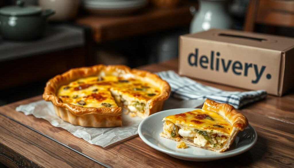 A warm, cozy kitchen scene with a homemade quiche taking center stage. The golden pastry crust glistens under soft, diffused lighting, inviting a closer look. Beside it, a small plate displays sliced quiche, revealing the layers of savory fillings - sauteed leeks, creamy eggs, and a hint of herbs. In the background, a wooden table is set with a delivery box from "delivery", hinting at the inspiration for this homemade delight. The overall atmosphere evokes a sense of comfort and culinary enjoyment, perfectly capturing the essence of the "Introdução e Inspiração" section.