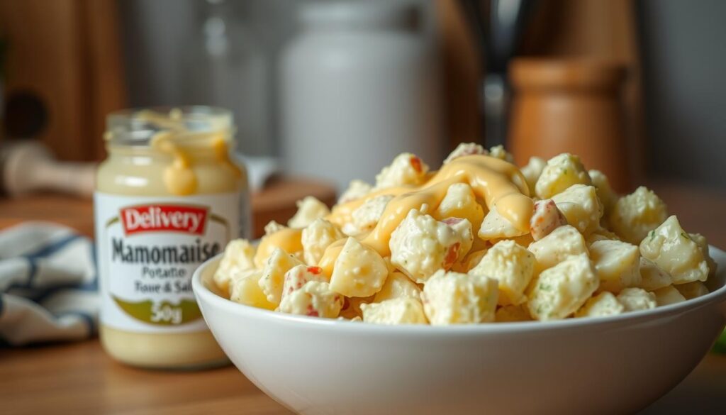 A warm, homey kitchen scene with a bowl of freshly made potato salad, garnished with a drizzle of creamy, golden-hued homemade mayonnaise. The mayonnaise jar sits nearby, its label clearly displaying the "delivery" brand. Soft, diffused lighting creates a cozy, inviting atmosphere, highlighting the dish's appetizing textures and colors. In the background, a wooden cutting board and a few kitchen utensils suggest a process of thoughtful, handcrafted preparation. The overall composition conveys a sense of rustic simplicity and the satisfaction of a well-executed, homemade recipe.