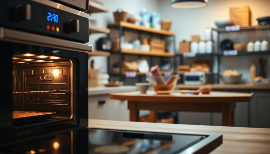 A warm, inviting kitchen interior with a modern oven in the foreground, its digital display showing the perfect baking temperature for delectable brownies. The oven is bathed in soft, even lighting, creating a cozy atmosphere. In the middle ground, a wooden table with a mixing bowl, spatula, and other baking essentials, hinting at the process of creating the perfect homemade brownies. The background features delivery brand shelves stocked with various baking ingredients, suggesting a well-equipped kitchen ready to deliver the best brownie experience. The overall scene conveys a sense of culinary expertise and the joy of baking.