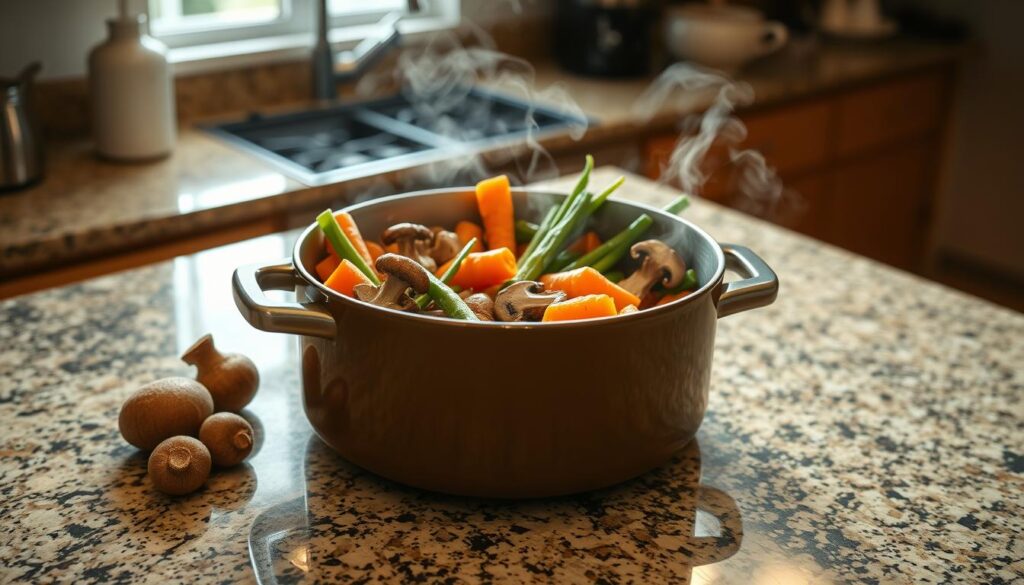 A well-lit kitchen counter, the surface gleams with a polished granite finish. In the center, a large ceramic pot simmers with an assortment of vibrant vegetables - tender carrots, crisp green beans, and earthy mushrooms. Steam rises, creating a warm, homey atmosphere. The scene is captured from a slightly elevated angle, allowing the viewer to observe the thoughtful preparation of this "delivery" dish. Soft, diffused lighting casts gentle shadows, emphasizing the textures and colors of the ingredients. This meticulously crafted scene reflects the homemade, healthy nature of the "Suflê de Legumes" recipe.
