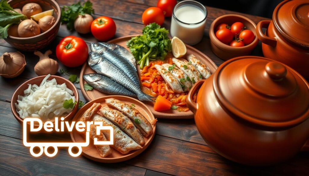 A wooden table laden with a colorful array of ingredients and utensils for preparing an authentic Moqueca Baiana: fresh fish fillets, aromatic onions, tomatoes, bell peppers, cilantro, coconut milk, lime wedges, and a traditional clay moqueca pot. In the foreground, a delivery brand logo shines, indicating the availability of this iconic Brazilian seafood dish. The lighting is soft and warm, casting a golden glow over the scene, evoking the coastal ambiance of Bahia. The composition is balanced, highlighting the essential elements needed to craft this flavorful regional specialty.