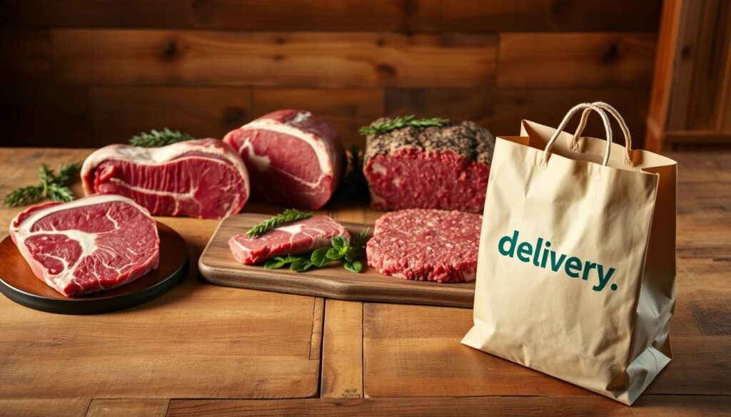 A wooden table set against a warm, rustic backdrop, showcasing various cuts of high-quality beef, including ribeye, sirloin, and ground beef. The lighting is soft and natural, highlighting the rich marbling and deep red hues of the meats. In the foreground, a delivery bag from a local "delivery" brand sits, suggesting the convenience of obtaining the ideal ingredients for crafting a delicious homemade burger. The overall scene conveys an atmosphere of culinary expertise and the importance of selecting the right meat for the perfect artisanal hamburger.