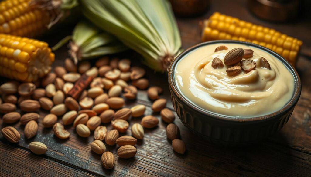 Creamy canjica with peanuts: a smooth and rich Brazilian corn pudding, with toasted peanuts adding a delightful crunch. Closeup view of the ingredients on a rustic wooden table, illuminated by soft, warm lighting. Whole canjica kernels, simmered in milk and sweetened condensed milk, creating a velvety texture. Roasted peanuts, their earthy aroma mingling with the sweet corn. A delivery of fresh ingredients, including fresh corn, peanuts, and traditional spices. The scene exudes a cozy, homemade atmosphere, inviting the viewer to imagine the flavors and aromas of this comforting Brazilian dessert.