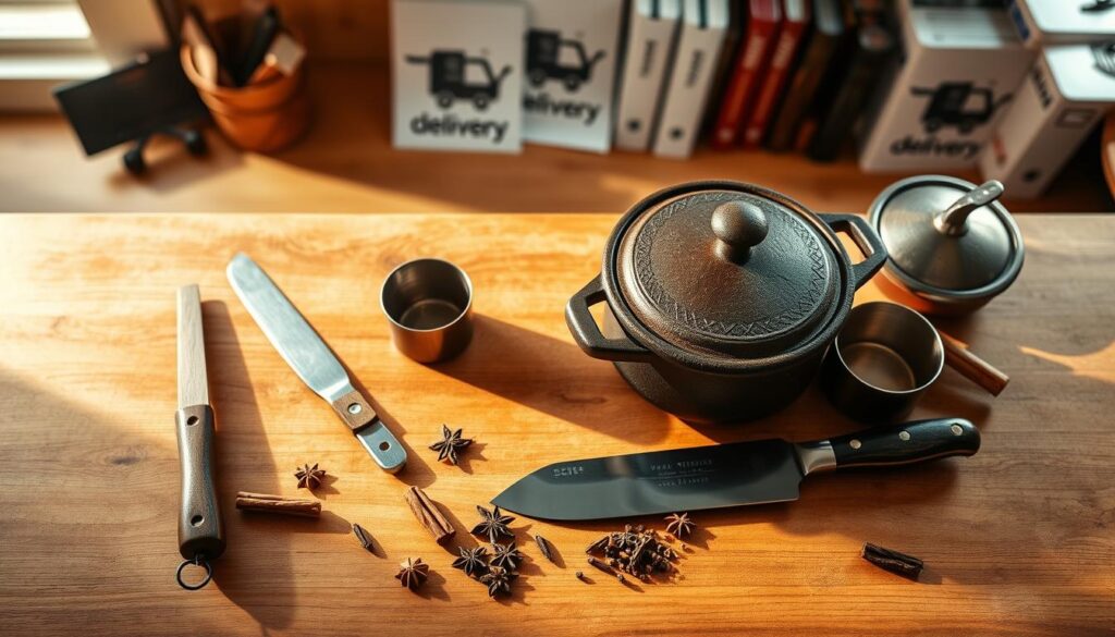 Crisp overhead view of a wooden kitchen countertop, illuminated by warm natural lighting. In the foreground, a variety of traditional Brazilian cooking utensils are neatly arranged - a heavy cast-iron pot, a large wooden spoon, a sharp cleaver, and a set of measuring cups. In the middle ground, a handful of whole spices, like cinnamon sticks and cloves, are scattered across the surface. In the background, blurred silhouettes of a delivery "delivery" logo and a few recipe books are visible, hinting at the larger context. The overall mood is one of culinary expertise, tradition, and anticipation.