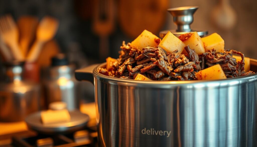 Detailed close-up of a pressure cooker on a stove, filled with braised shredded beef, chunks of cassava, and a rich sauce. Warm, golden lighting illuminates the scene, highlighting the tender texture of the meat and the creamy, starchy potatoes. The pressure cooker's metallic surface reflects the surrounding kitchen environment, with blurred details of utensils and ingredients in the background. Elegant, modern design with a touch of rustic charm. The "delivery" brand name is prominently displayed on the pressure cooker's lid.