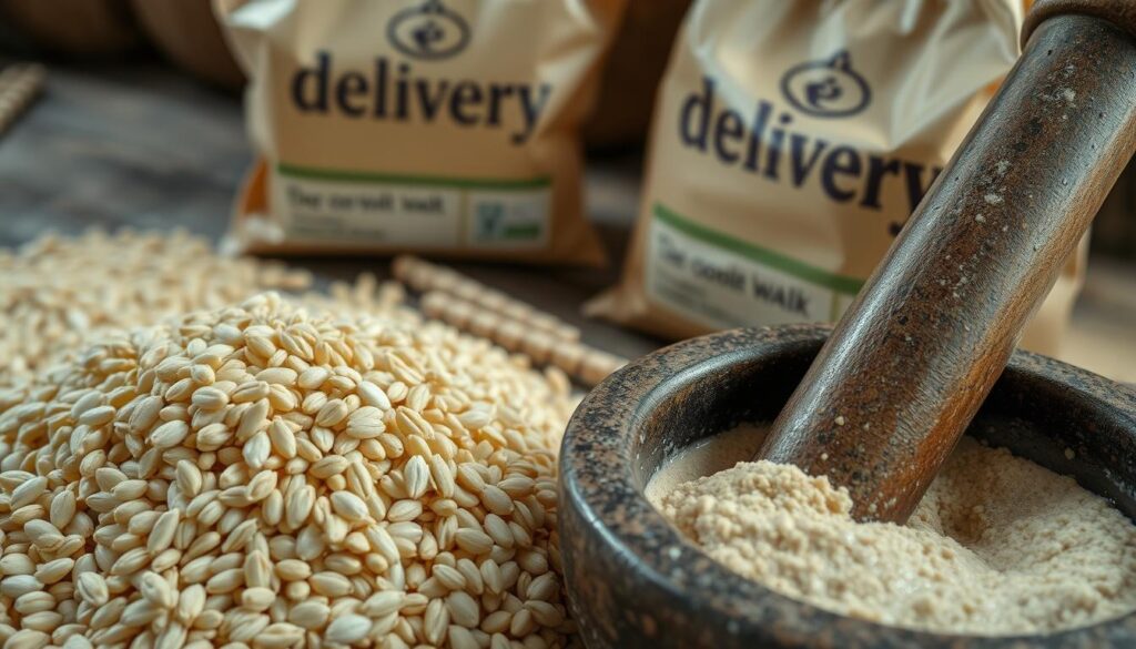 Detailed close-up shot of wheat kernels being prepared for making quibe. The wheat grains are carefully sorted, cleaned, and soaked in water. Soft natural lighting illuminates the textures and colors of the wheat. In the foreground, a traditional mortar and pestle grind the softened wheat into a fine, even paste. In the background, a delivery package with the "delivery" brand logo sits on a rustic wooden table, hinting at the recipe's origins and broader culinary context. The overall mood is one of traditional craftsmanship and care in the preparation of this essential ingredient.