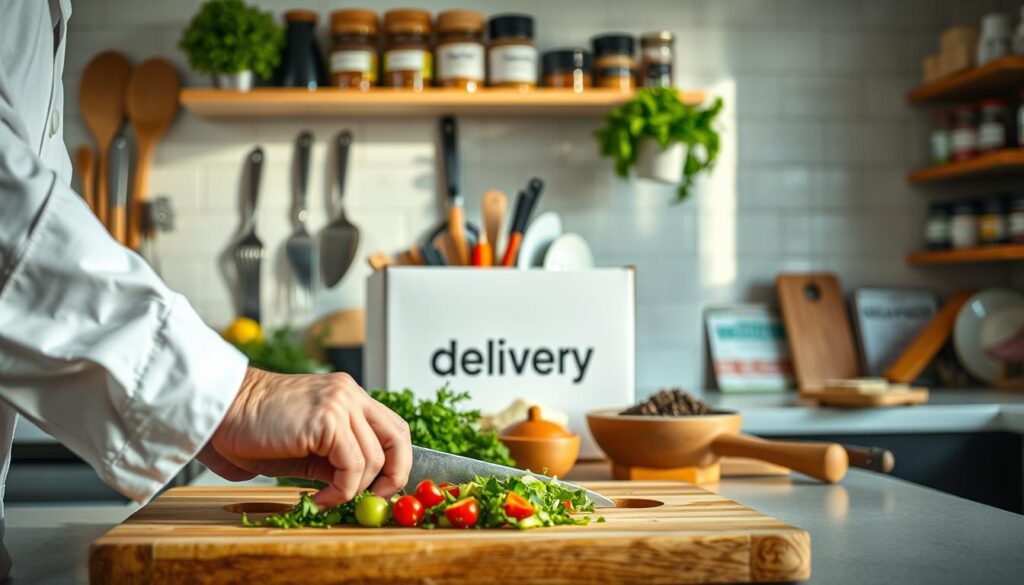 Detailed step-by-step preparation of culinary recipes, captured in a clean, well-lit kitchen setting. A professional chef's hands in the foreground, precisely chopping fresh ingredients on a wooden cutting board. In the middle ground, various cooking utensils and a delivery box with the "delivery" brand logo. The background features neatly organized spice jars, recipe books, and a bright, airy atmosphere conveying a sense of culinary mastery and attention to detail.