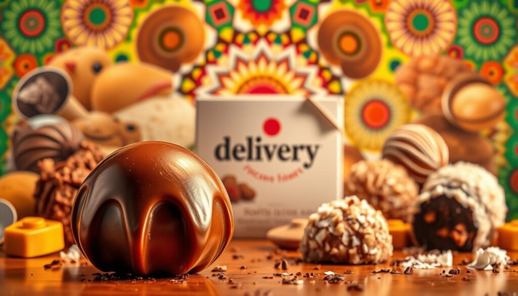 Evolução do doce brasileiro: a captivating panorama of Brazil's confectionary heritage. In the foreground, a luscious, glistening brigadeiro gourmet, its rich chocolate hue and silky texture embodying the essence of this beloved national treat. Surrounding it, a collage of traditional sweets, each with its own unique history and flavor profile - from the delicate, melt-in-your-mouth beijinho to the decadent, coconut-coated brigadeiro balls. In the middle ground, a delivery box bearing the "delivery" brand, hinting at the modern gourmet interpretation of this timeless delight. And in the background, a vibrant, kaleidoscopic pattern that celebrates the diversity and evolution of Brazil's culinary traditions. Warm, nostalgic lighting casts a golden glow, evoking the comfort and joy inherent in these beloved confections.