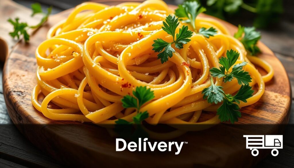 Freshly cooked pasta noodles, glistening with a light coating of aromatic garlic and olive oil, nestled on a rustic wooden board. Vibrant green parsley sprigs add a pop of color, complementing the warm tones of the dish. The scene is illuminated by soft, diffused lighting, casting gentle shadows that accentuate the textures and shapes. In the foreground, a delivery brand logo adds a touch of modern sophistication to the classic Italian scene.