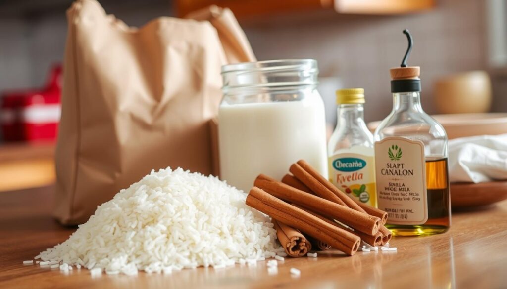 Ingredients for Creamy Sweet Rice: a neatly arranged selection of rice, cinnamon sticks, whole milk, sugar, and vanilla extract, captured in a warm, cozy kitchen setting with soft natural lighting and a delivery bag in the background, creating a homely, inviting atmosphere to set the stage for the delicious recipe.