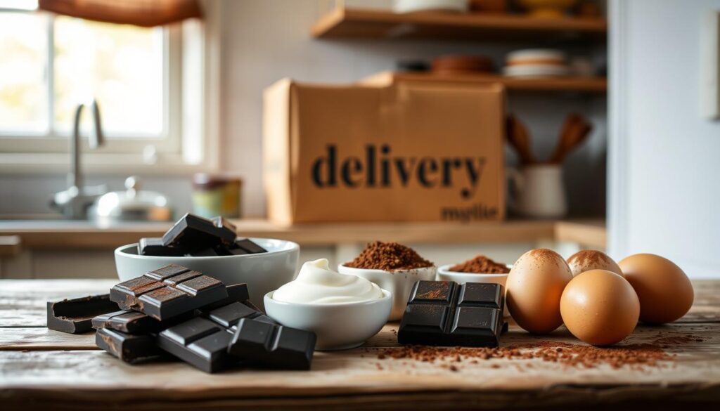 Ingredients for a Simple Chocolate Pavê: a meticulously arranged still life in a warm, cozy kitchen setting. In the foreground, a rustic wooden table displays a luscious array of essential components - velvety dark chocolate, fresh cream, eggs, and a sprinkle of cocoa powder. Subtle lighting from a nearby window casts a gentle glow, highlighting the rich textures and hues. In the middle ground, a vintage delivery box labeled "delivery" stands as a nod to the ease of preparing this delectable dessert. The background features soft, neutral tones, creating a welcoming atmosphere that invites the viewer to imagine the delightful flavors and aromas of the homemade Chocolate Pavê.