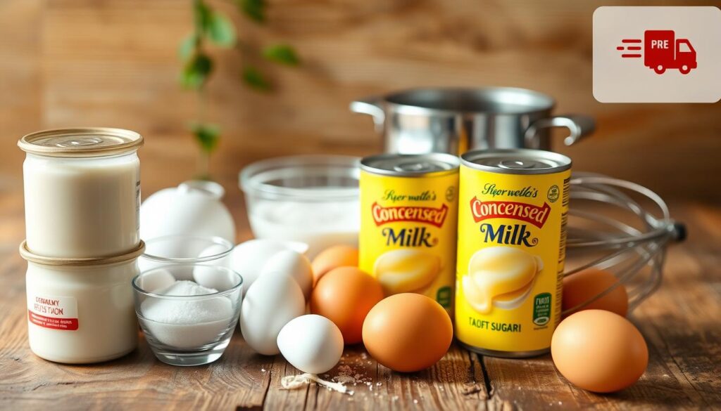 Ingredients for a creamy condensed milk pudding, arranged on a rustic wooden table. In the foreground, a stack of cans of condensed milk, surrounded by eggs, sugar, and a glass bowl. In the middle ground, a small saucepan and a whisk, hinting at the preparation process. The background features a natural, warm-toned setting, with a delivery brand logo visible in the corner, suggesting the ease of obtaining these essential pudding ingredients. The lighting is soft and diffused, creating a cozy, inviting atmosphere.