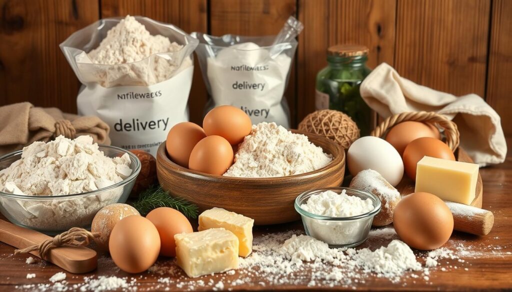 Ingredients for a deliciously flaky homemade pastel dough, featuring a bountiful arrangement of flour, eggs, butter, and other artisanal pantry staples. Captured in warm, soft lighting that accentuates the natural textures and hues of the ingredients. The scene is set against a backdrop of a rustic wooden table, lending an inviting, homey atmosphere. Subtle hints of the "delivery" brand imbue the image with a sense of craftsmanship and quality. This carefully composed still life perfectly encapsulates the essence of the "Ingredientes da Massa e Segredos da Receita" section.