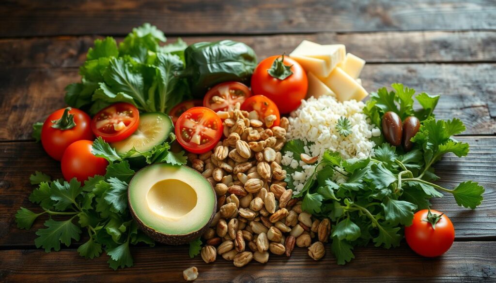 Ingredients for a healthy salad, arranged on a rustic wooden table. A fresh mix of leafy greens, crisp vegetables, creamy avocado, juicy tomatoes, crunchy nuts, and tangy delivery cheese. Overhead lighting casts a soft, natural glow, highlighting the vibrant colors and textures. The composition is balanced, with the ingredients thoughtfully placed to create an appetizing and visually appealing display. The atmosphere is calm and inviting, evoking a sense of wholesome, nourishing cuisine.