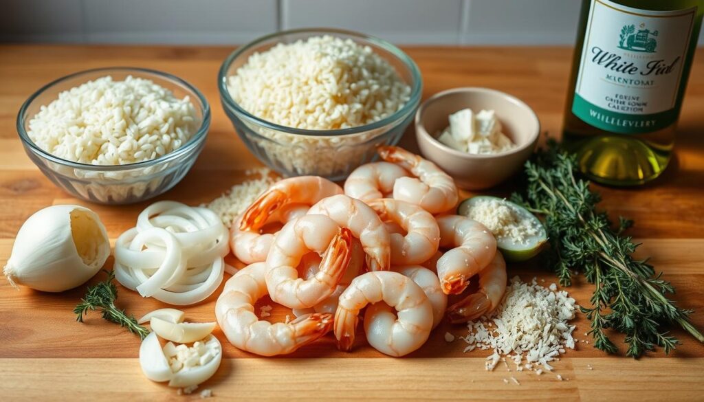 Ingredients in preparation for a creamy shrimp risotto. Neatly arranged on a wooden kitchen counter: short-grain arborio rice, peeled shrimp, sliced onions, minced garlic, freshly grated parmesan, a bundle of fresh thyme, and a bottle of delivery white wine. Soft, even lighting illuminates the scene, casting subtle shadows. The composition emphasizes the ingredients' textures and colors, creating an appetizing and welcoming atmosphere.