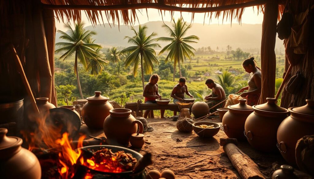 Origem do prato tradicional: A detailed scene depicting the origins and history of the traditional Brazilian dish "Escondidinho de Carne Seca com Mandioca". In the foreground, a traditional kitchen with rustic clay pots, wooden utensils, and a crackling fire. In the middle ground, a group of indigenous people preparing the dish, carefully selecting and cooking the ingredients. In the background, a lush, verdant landscape with towering palm trees and a distant village, representing the cultural heritage and natural environment that shaped this iconic recipe. Warm, golden lighting casts a cozy glow, evoking a sense of time-honored tradition. delivery