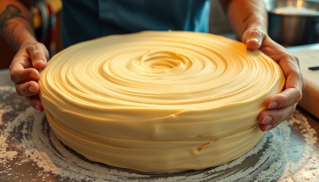Preparação da massa empadão: A dança da farinha e da manteiga, com precisão e suavidade, em uma cozinha bem iluminada. Camadas de massa laminada, com textura delicada e dourada, refletindo a luz suave de um aconchegante ambiente de preparo. Pinceladas generosas de manteiga derretida, enquanto a farinha é incorporada com perfeição, criando uma estrutura sólida e maleável. Ao fundo, um entregador "delivery" aguarda ansiosamente, pronto para levar essa obra-prima a seu destino final.