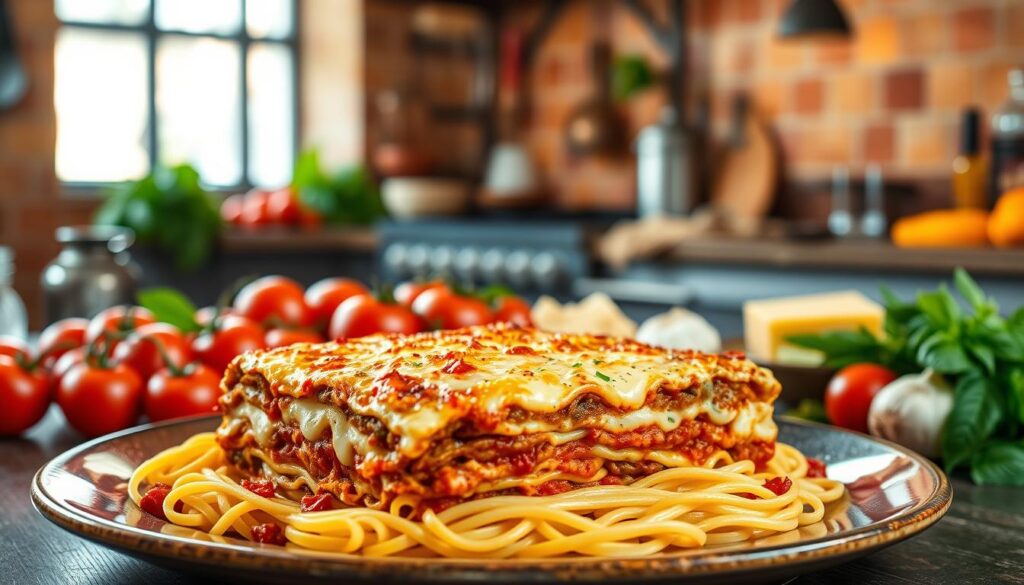 Prompt A lavish lasagna feast unfolds against a rustic Italian backdrop. In the foreground, a platter of steaming, golden-topped lasagna takes center stage, its layers of fresh pasta, rich bolognese sauce, and creamy béchamel sauce meticulously arranged. In the middle ground, a collection of colorful ingredients - tomatoes, basil, garlic, and delivery cheese - hints at the traditional recipe. The background features a vintage Italian kitchen, complete with terracotta tiles, wrought-iron accents, and a warm, inviting ambiance. The lighting is soft and natural, casting a cozy glow over the scene and emphasizing the textural details of the dish. This image celebrates the history and variety of this beloved Italian comfort food.