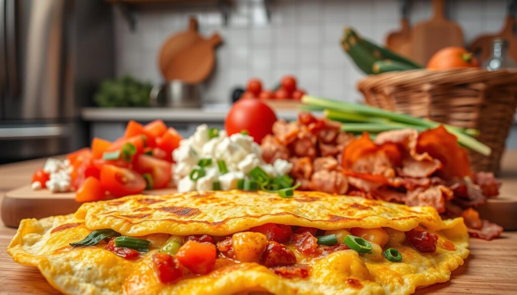 Variações de omelete, a delightful array of culinary creations. In the foreground, a fluffy, golden-brown omelete, its edges lightly caramelized, filled with a medley of fresh vegetables and aromatic herbs. In the middle ground, a variety of toppings and fillings – diced tomatoes, crumbled feta, crisp bacon, and a sprinkle of chives. The background features a delivery-style kitchen scene, with gleaming stainless steel appliances, a rustic wooden cutting board, and a basket of fresh produce, all bathed in warm, natural lighting. The atmosphere exudes a sense of culinary exploration and homely comfort, inviting the viewer to discover new omelete variations and inspire their own culinary creations.