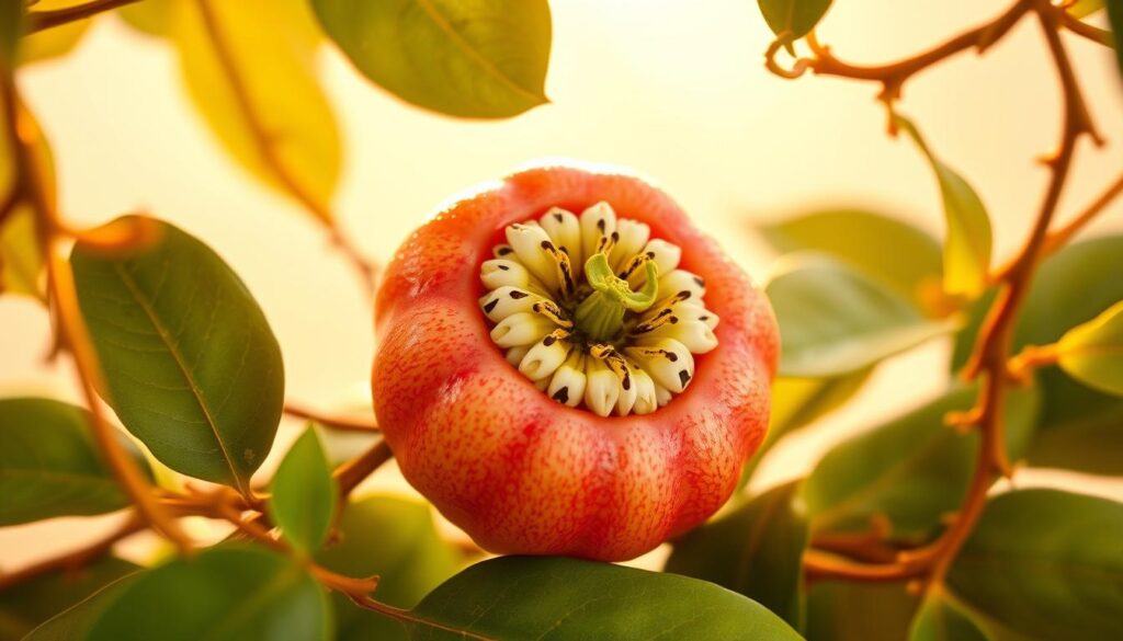 Vibrant pastel-hued passion fruit with lush tropical foliage, set against a soft, ethereal backdrop. Delicate vine tendrils frame the scene, hinting at the plant's natural beauty. Warm golden lighting bathes the composition, capturing the fruit's rich, inviting colors and creating a sense of depth. The passion fruit appears plump and juicy, its surface textured with a blend of smooth and gritty patterns. This compelling still life evokes the nutritional properties and natural goodness of the passion fruit, perfect for illustrating the "Benefícios Nutricionais e Dicas do Maracujá" section. Delivery.