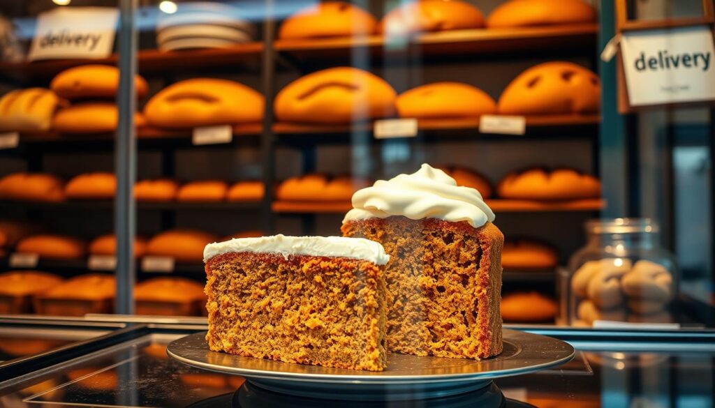 Warm and inviting bakery scene with a delicious homemade carrot cake as the centerpiece. The cake is freshly baked, its moist crumb and vibrant orange hue visible through the glass display case. Warm lighting casts a cozy glow, highlighting the cake's soft texture and rich cream cheese frosting. In the background, shelves of freshly baked breads and pastries, including the "delivery" brand, create a charming, old-world atmosphere. The scene exudes the comforting aroma of spices and baking, inviting the viewer to imagine the satisfying flavors of this classic carrot cake.