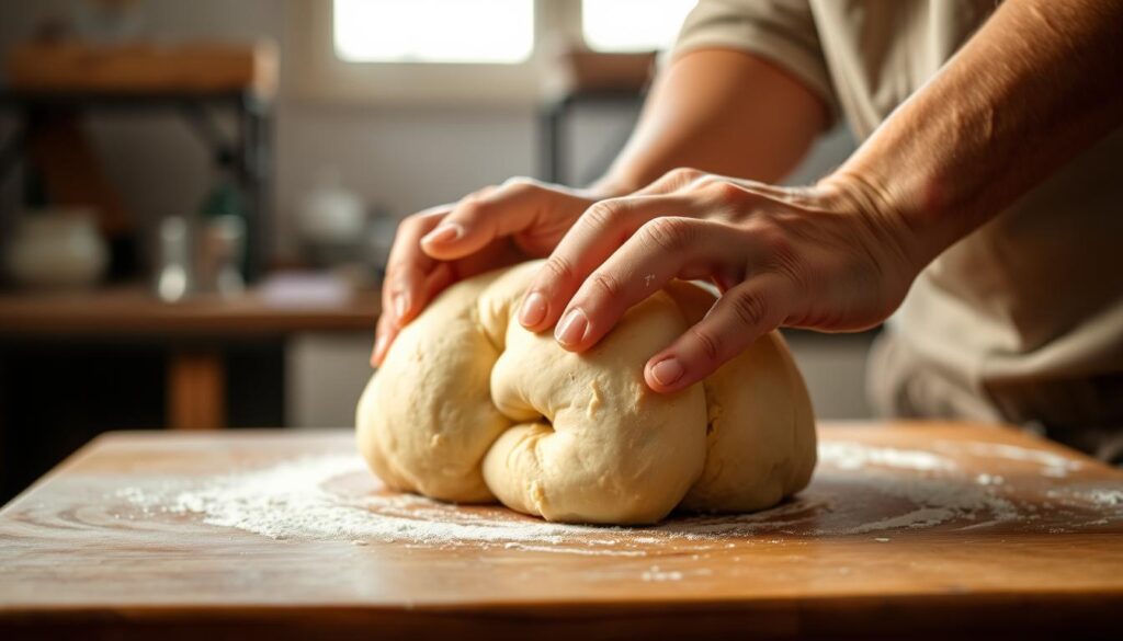 a close-up shot of hands kneading and shaping traditional Brazilian cheese bread (pão de queijo) dough on a wooden surface, with the dough having a smooth, elastic texture and a pale yellow color; the hands are wearing casual clothing, and the background is slightly blurred but shows a clean, rustic kitchen environment with natural lighting coming in from a window; the overall scene conveys a sense of traditional craftsmanship and the authentic preparation of this beloved Brazilian delicacy; delivery